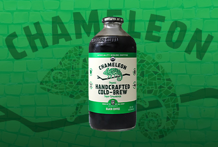 Bottle of Chameleon coffee on a green backdrop